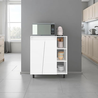 Microwave Sideboard Cabinet, Freestanding White Kitchen Pantry with 2-Door Storage 3 Open Shelves and Appliance Surface for Compact Kitchen Organization