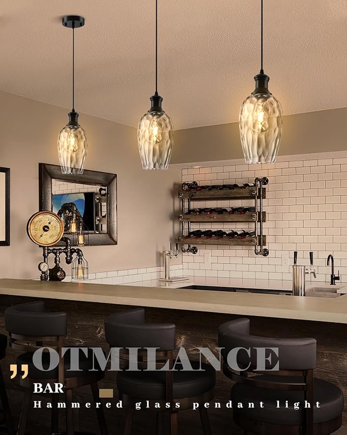 Pendant Lights Kitchen Island, 6.3” Black Blown Glass Pendant Lights 1-Pack, Farmhouse Pendant Light with Clear Hammered Glass, Modern Kitchen Pendant Light for Dining Room, Bathroom, Cafe