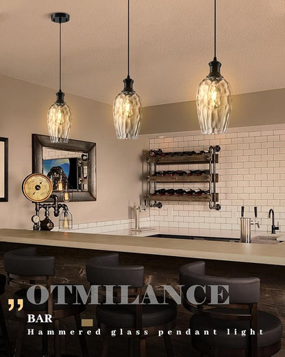 Pendant Lights Kitchen Island, 6.3” Black Blown Glass Pendant Lights 1-Pack, Farmhouse Pendant Light with Clear Hammered Glass, Modern Kitchen Pendant Light for Dining Room, Bathroom, Cafe