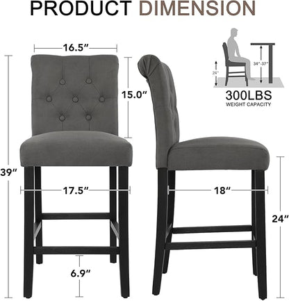 LSSBOUGHT 24 Inches Upholstered Counter Stools, Bar Stools Set of 2, Fabric Counter Stools with Back, Counter Height Bar Chairs with Solid Wood Legs for Home Kitchen Island Dining Room, (2pcs,Grey)