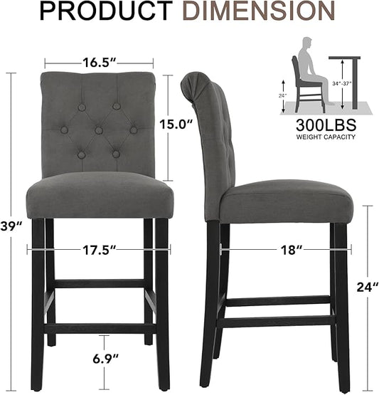 LSSBOUGHT 24 Inches Upholstered Counter Stools, Bar Stools Set of 2, Fabric Counter Stools with Back, Counter Height Bar Chairs with Solid Wood Legs for Home Kitchen Island Dining Room, (2pcs,Grey)