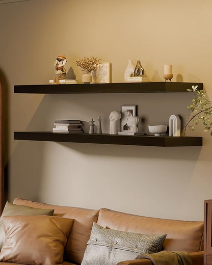 60x12 Inch Floating Shelves for Wall, Set of 2 Solid Wood Wall Shelves, Extra Long Heavy Duty Wall Mount Shelf for Living Room & Kitchen, Large Black Floating Shelves