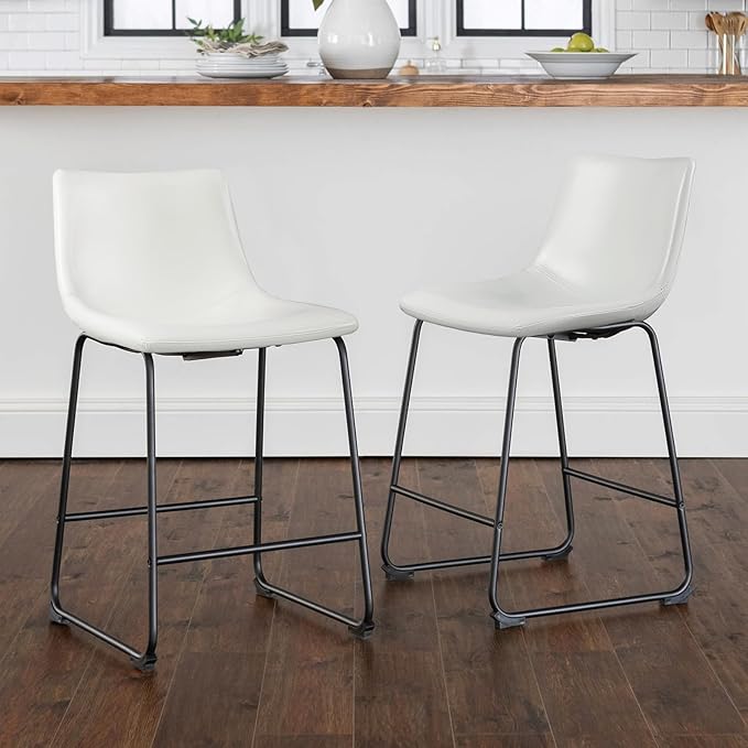LEMBERI 26 inch Bar Stools Set of 2, Modern Counter Height Bar Stools, Faux Leather Barstool with Back and Metal Leg, Armless Bar Chairs for Kitchen Island (White, 2pcs 26")