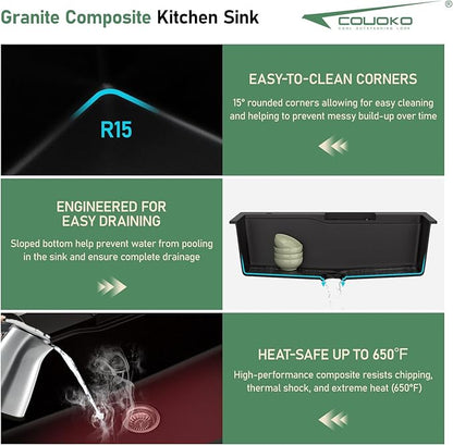 33x22 Drop In Waterfall Kitchen Sink Black 33 Inch Granite Composite Smart Kitchen Sink Multifunction Single Bowl Top Mount Black Multifunctional Waterfall Smart Sinks with Faucet Combo Glass Rinser