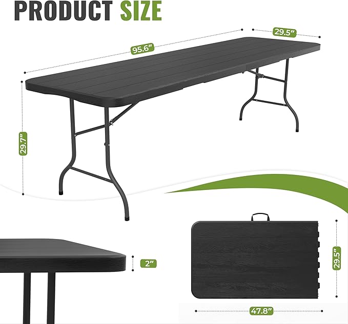 8Ft Plastic Folding Table Heavy Duty Portable Folding Tables 400 lbs, Wood Grain Tabletop for Working Meeting Parties, Picnic, Camping, Garden Dining (Black)