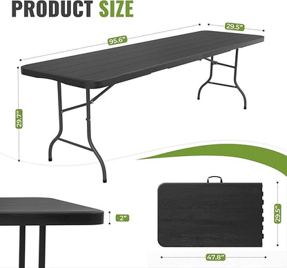 8Ft Plastic Folding Table Heavy Duty Portable Folding Tables 400 lbs, Wood Grain Tabletop for Working Meeting Parties, Picnic, Camping, Garden Dining (Black)