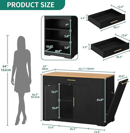 YITAHOME 53 Inch Large Rolling Kitchen Island with Trash Can Storage Cabinet, Portable Mobile Islands Table Long Floating Movable w Wheels Cabinet for 13 Gallon Garbage Bin 2 Drawer, Black
