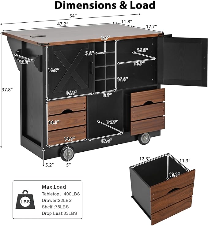 54" Farmhouse Kitchen Island Table with Drop Leaf, Power Outlet, Kitchen Storage Cart with 2 Doors, 2 Drawers, Rolling Kitchen Island on 4 Large Wheels with Spice Rack for Kitchen, Dining Room, Black