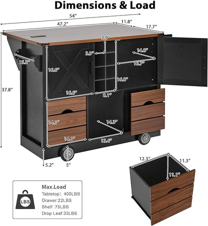 54" Farmhouse Kitchen Island Table with Drop Leaf, Power Outlet, Kitchen Storage Cart with 2 Doors, 2 Drawers, Rolling Kitchen Island on 4 Large Wheels with Spice Rack for Kitchen, Dining Room, Black