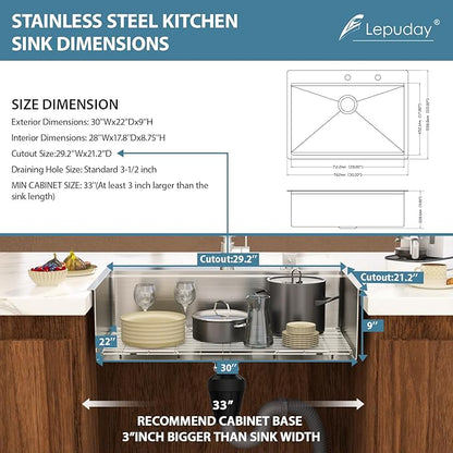 30 Inch Drop In Kitchen Sink -Lepuday 30x22 Drop In Kitchen Sinks 16 Gauge T304 Stainless Steel Workstation Single Bowl Topmount Sinks Large Deep With 2 Holes