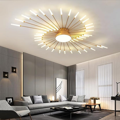 JAYMP 50.4" Ceiling Light Modern Flower Shape Ceiling Lamp for Living Room Dining Room Flush Mount Metal Acrylic Sputnik Firework Petal LED Lighting Fixture (Matte Gold, 42+1 Lights)