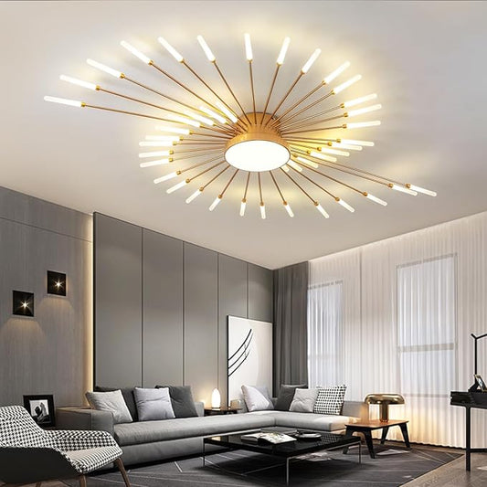 JAYMP 50.4" Ceiling Light Modern Flower Shape Ceiling Lamp for Living Room Dining Room Flush Mount Metal Acrylic Sputnik Firework Petal LED Lighting Fixture (Matte Gold, 42+1 Lights)