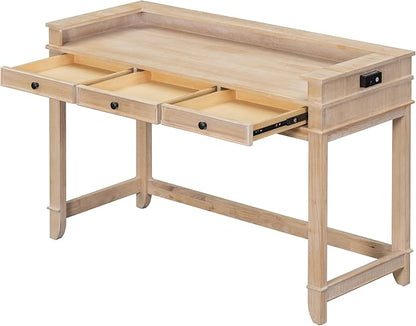 4-Piece Dining Bar Table Set with 3 Upholstered Stools, Multifunctional Dining Table with 3 Drawers,USB Port and a Power Strip, Perfect for Small Spaces (Natural Wood Wash//USB)