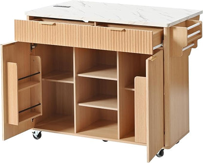 Modern Dining Table Kitchen Island with Drop, Power Outlet, Cart with Shelves, 2 Doors 2 Drawers, Rolling Table for Kitchen Living Room,Natural-MDF