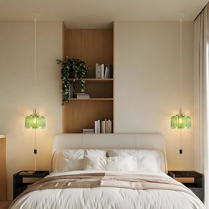 Pendant Light Fixtures,Plug in Hanging Light Fixture Green Glass 6.6in Pendant Light,E26 Pendant Lighting for Kitchen Island, Bedroom, Dining Room, Living Room