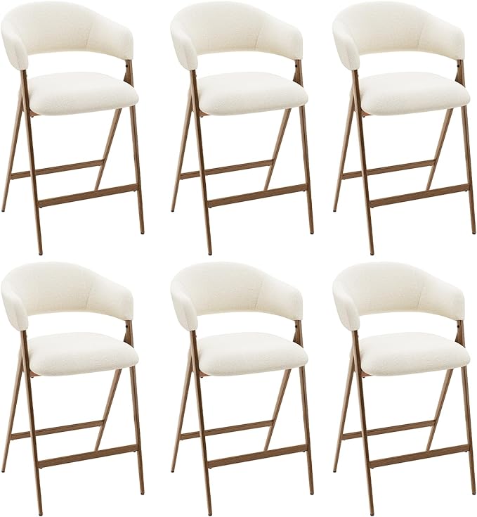 COLAMY Bar Stools Set of 6, Counter Height Bar Stools with Back, Modern Upholstered Island Stools with Metal Legs for Kitchen Island, Counter, Dining Room, Beige
