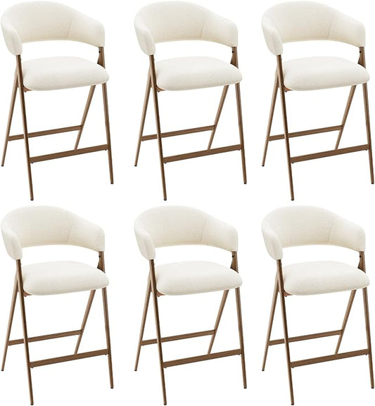 COLAMY Bar Stools Set of 6, Counter Height Bar Stools with Back, Modern Upholstered Island Stools with Metal Legs for Kitchen Island, Counter, Dining Room, Beige
