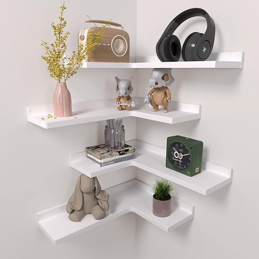 4 Tier Corner Floating Shelves Set of 4, Rustic Pine Wood Corner Shelves for Wall Storage and Decor, L-Shaped Corner Wall Mounted Shelf for Bedroom, Living Room, Bathroom, Kitchen – White
