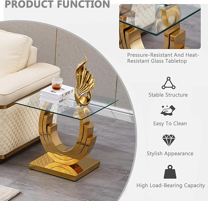 HomVent Glass Coffee Table Set, 2 End Tables Living Room Set of 3, 3 Piece Modern Gold Tempered Glass Top Side Tables Bedroom Set of 3 Rectangle Dinner Center Bedside Sets for Living Room Bedroom