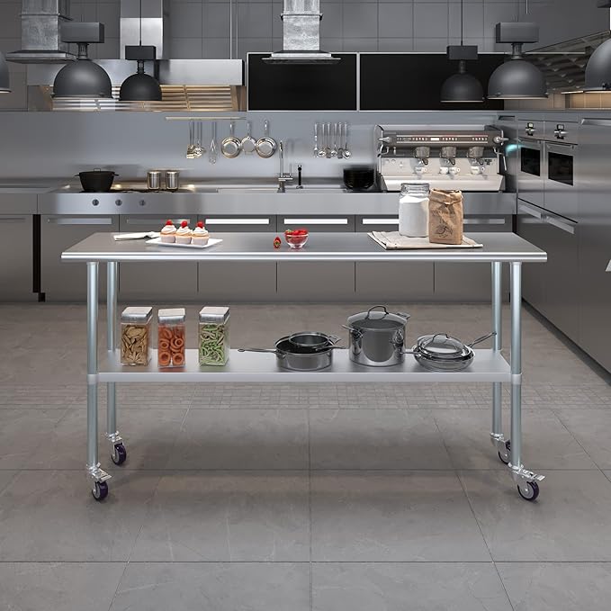 Stainless Steel Work Table with Wheels | NSF Kitchen Island Food Prep | Laundry Garage Utility Bench (Table + Wheels, 72" Long x 24" Deep)