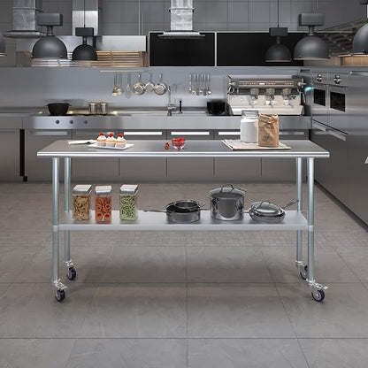 Stainless Steel Work Table with Wheels | NSF Kitchen Island Food Prep | Laundry Garage Utility Bench (Table + Wheels, 72" Long x 24" Deep)