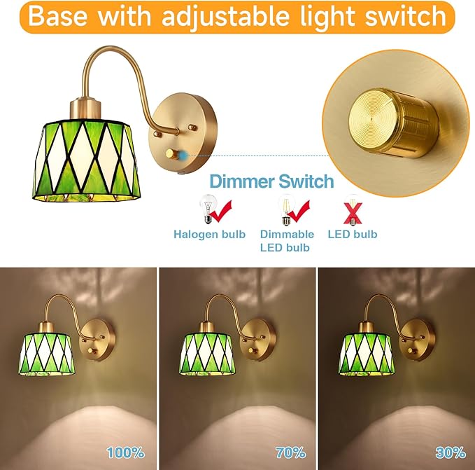 Vintage Bedside Wall Sconce with Dimmable Switch, Brass Industrial Gooseneck Wall Sconce with Plug in Cord, Stained Glass Shade Wall Light Perfect for Bedroom, Living Room and Hotel