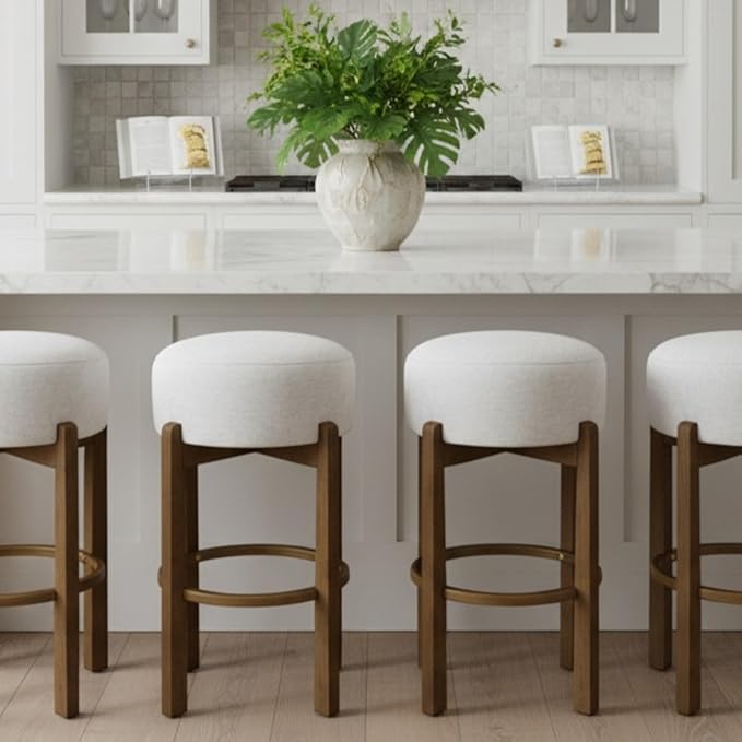 Set of 2 Bar Stools for Kitchen Island, Solid Rubberwood Counter Height Chairs with Dark Walnut Frame & Ivory Cushion, Mid-Century Modern Indoor Dining Stools with Footrest (2, Dark Walnut)