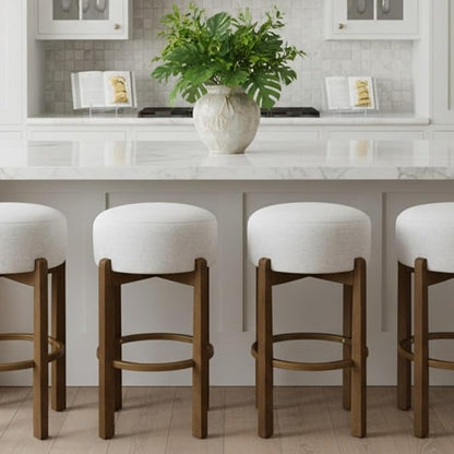 Set of 2 Bar Stools for Kitchen Island, Solid Rubberwood Counter Height Chairs with Dark Walnut Frame & Ivory Cushion, Mid-Century Modern Indoor Dining Stools with Footrest (2, Dark Walnut)