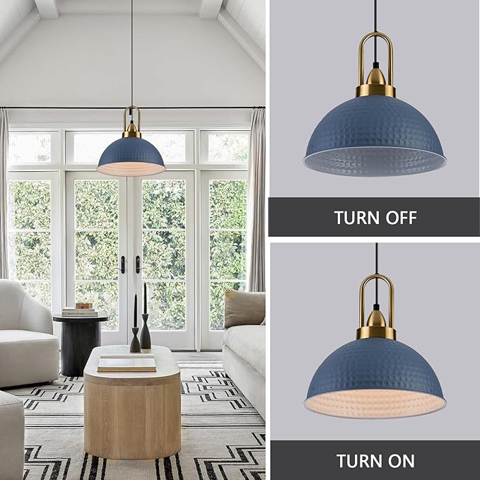 Blue Pendant Lights Kitchen Island Industrial Adjustable Height Vintage Dome Hanging Light Fixtures for Barn, Dining Room 3 Packs