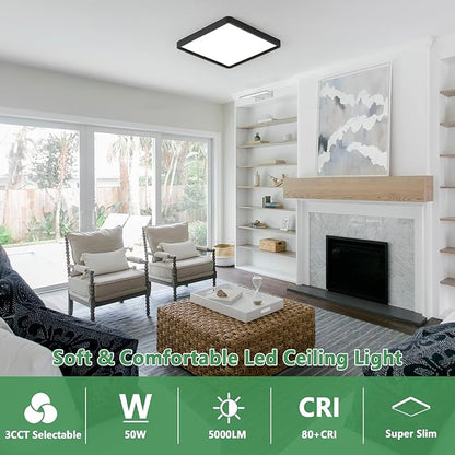 20 Inch Large LED Flush Mount Ceiling Light,45W 4500LM, 3000K/4000K/6000K CCT Selectable,Black Square Low Profile Ceiling Light Firxtue for Bedroom/Kitchen/Living room/Dinning room/Hallway