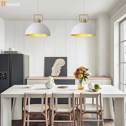 12'' Farmhouse Pendant Light 2 Pack White and Gold for Kitchen Island, Dome Industrial Metal Hanging Lighting Fixtures, Adjustable Height Dining Room Chandelier for Hallway and Foyer