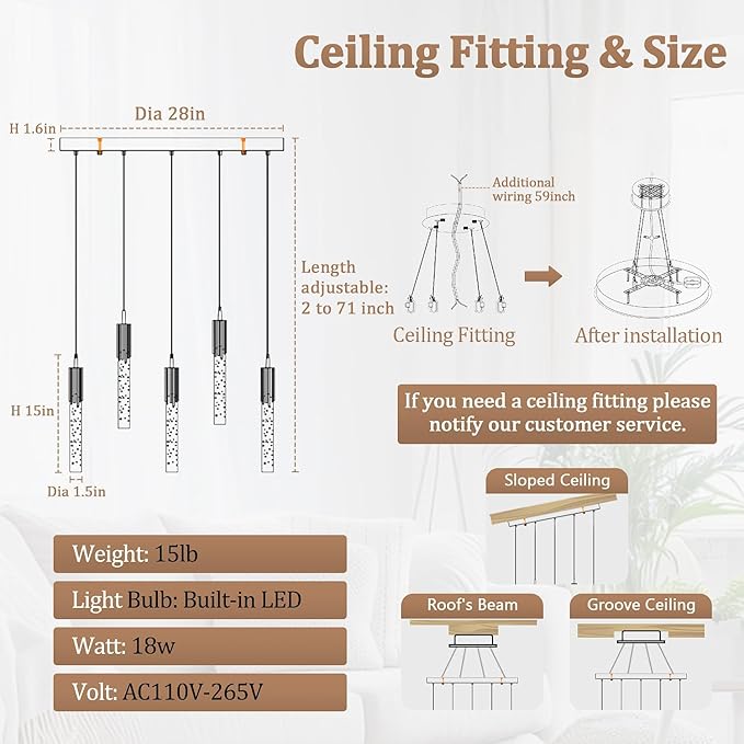 Flashing God 5-Lights Rectangular Pendant Lights for Kitchen Island Black Linear Crystal Chandelier Modern Chandeliers for Kitchen Island Dining Room