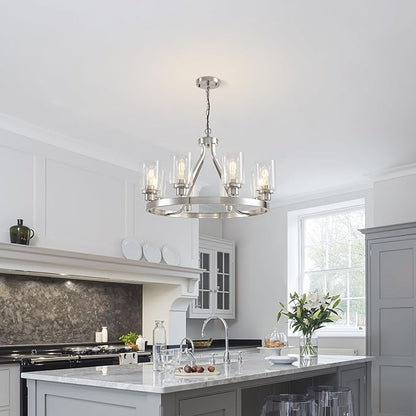 Lanhall 8-Light Modern Chandeliers for Dining Room Light Fixture Brushed Nickel Kitchen Chandelier Ceiling Hanging Pendant Lighting with Glass Shade for Living Room Entryway Adjustable Height E26
