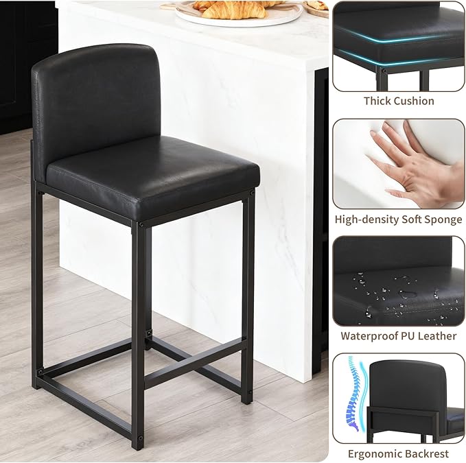 GarveeHome Bar Stools Set of 2, Modern Counter Height Bar Stools with Back and Footrest, Faux Leather Upholstered Barstools Chairs for Kitchen Island Dining Room Bar, Black