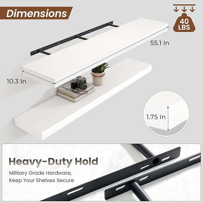 Heimlove Floating Shelves for Wall 55 Inch Long,Extra Large and Thick Wood Shelves Mounted Storage Hanging Shelf Invisible Bracket for Bedroom,Living Room,Kitchen,Office,Set of 2,White