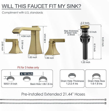 Brushed Gold Bathroom Faucet 3 Hole, Brass Waterfall 8 Inch Widespread Bathroom Sink Faucets with Pop-Up Drain, cUPC Water Hose, 2 Handles for Vanity, Restroom, Modern Hollowed Design