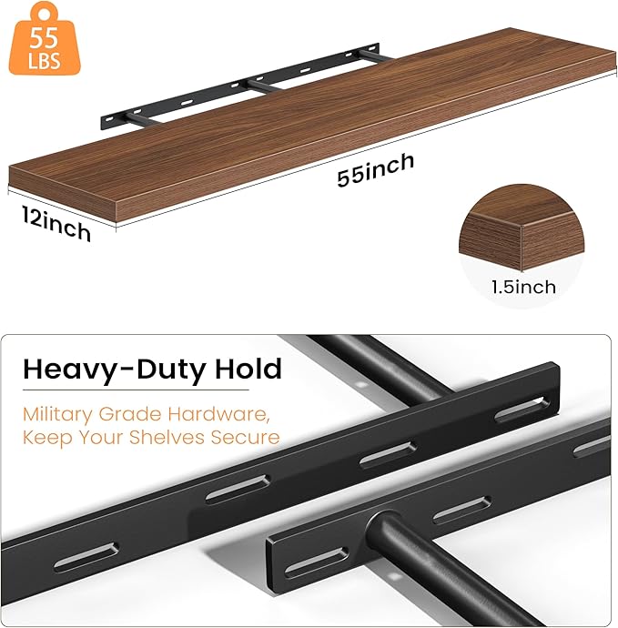 Walnut Floating Shelves for Wall, 55 Inch Floating Shelves Set of 1, Wall Mounted Rustic Wood Shelf for Bathroom, Living Room, Bedroom and Kitchen, Hanging Shelf for Storage, Books, Home Decor