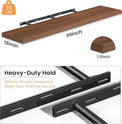 Walnut Floating Shelves for Wall, 55 Inch Floating Shelves Set of 1, Wall Mounted Rustic Wood Shelf for Bathroom, Living Room, Bedroom and Kitchen, Hanging Shelf for Storage, Books, Home Decor