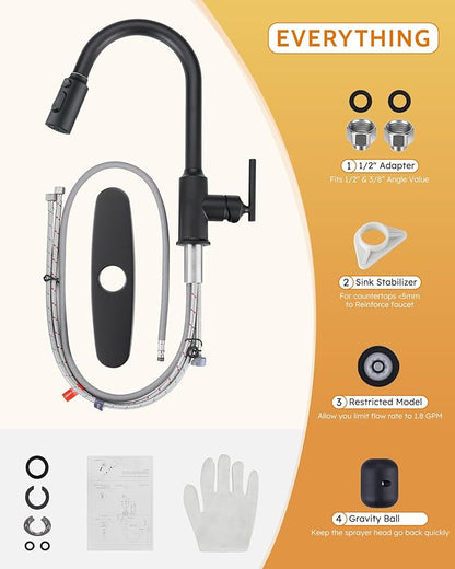 WOWOW Kitchen Faucets with Pull Down Sprayer, Matte Black Kitchen Sink Faucet with Sprayer, 304 Stainless Steel High Arc Single Handle Pull Down 3 Hole Black Bar Sink Water Faucets for Rv Sink Faucet