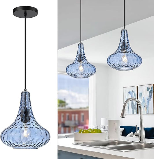 AUTELO Blue Pendant Lights Kitchen Island, 10" Hammered Glass Pendant Lights, Modern Pendant Light Fixtures in Matte Black Finish, Hanging Lamp for Dining Room, Kitchen Sink, H9164 BU