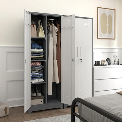 Broom Closet, Metal Storage Cabinet with Hanging Rod, 65" Broom Tool Organizer, Metal Cabinet with Doors and Shelves, Tall Cleaning Storage for Home, Office, Garage, Balcony