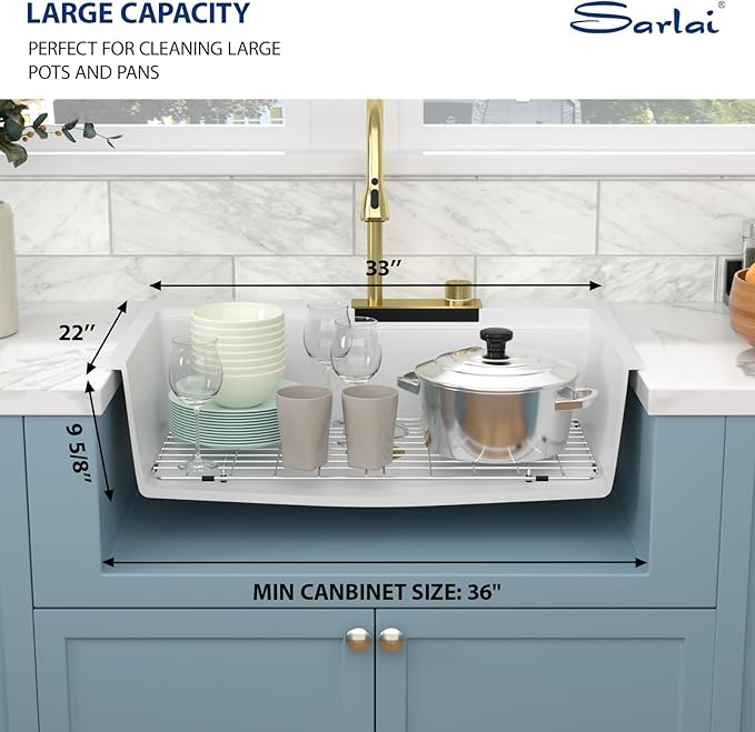 Sarlai Granite Composite Sink 33 Inch Drop In Waterfall Kitchen Sink Workstation Sink with Faucet White Quartz Classic Single Bowl Topmount Multifunction Sinks with Waterfall