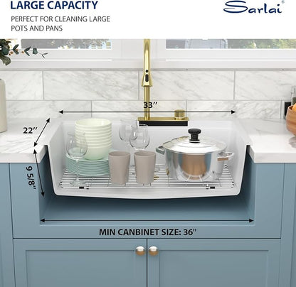 Sarlai Granite Composite Sink 33 Inch Drop In Waterfall Kitchen Sink Workstation Sink with Faucet White Quartz Classic Single Bowl Topmount Multifunction Sinks with Waterfall