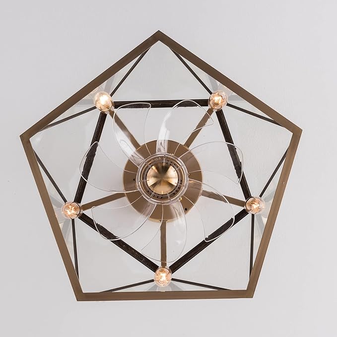 OUKANING Caged Fandelier Ceiling Fan with Light, Golden Ceiling Fans with Remote Control & Noiseless 35db - Farmhouse Rustic Bladeless Ceiling Fans Chandelier Retro Lighting Fixture (Pentagram)