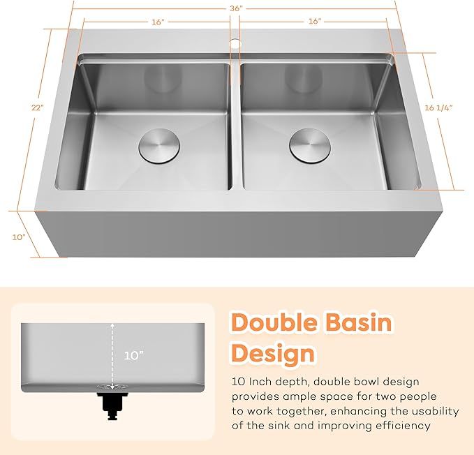 Farmhouse Kitchen Sink 36 x 22 Drop In, 50/50 Double Bowl Farm Sinks, 16 Gauge Stainless Steel Workstation Sink with Ledge & Accessories, 36 Inch Large and Deep Farm house Apron Front Sink