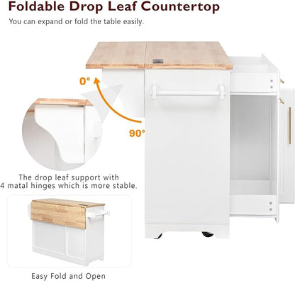 Merax 59.3" White Kitchen Island with Storage, 2 Pull Out Cabinet Organizers & Rubber Wood Drop Leaf, Rolling Island Table with Trash Can Storage, Power Outlet, Spice & Towel Rack for Kitchen Dining