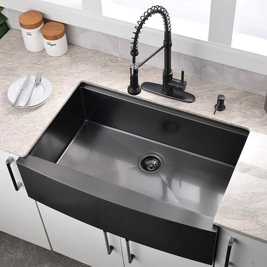 33 Inch Farmhouse Kitchen Sink Workstation Black - VOKIM 33x22 Apron Front Kitchen Sink Stainless Steel 16 Gauge Single Bowl Gunmetal Farm Sink