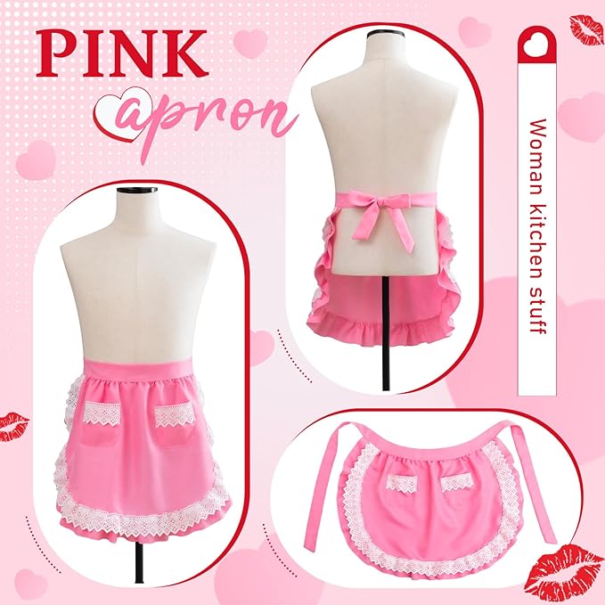Geyoga valentine Waist Aprons for Women with Pockets Pink Kitchen Cooking Maid Apron Vintage Skirt Cute Ruffle Dress Costume