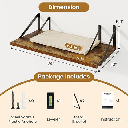 Acovy Deep Floating Shelves,24" Wx10 D Floating Shelf for Wall Set of 2,Hanging Storage Shelf with Metal Brackets,Wide Display Wall Shelves for Living Room,Bedroom,Bathroom,Kitchen,Rustic Brown