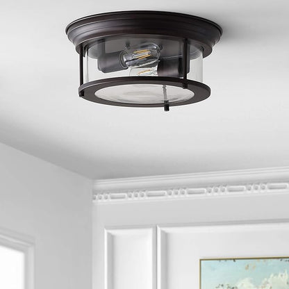 JONATHAN Y 13.25" Oil Rubbed Bronze/Clear 2-Light LED Flush Mount Ceiling Light Fixture, Modern Clear Glass Drum Shade, Industrial Farmhouse Lighting for Kitchen Hallway Bedroom (JYL7446B)